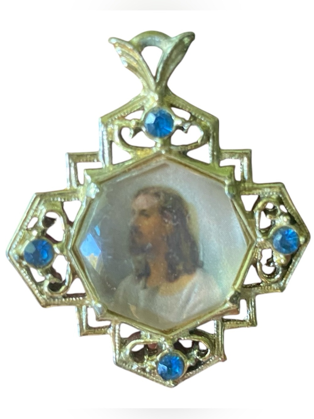 Vintage Religious Medal Pendant Jesus Saint Joseph Gold Tone Rhinestones 2 Sided